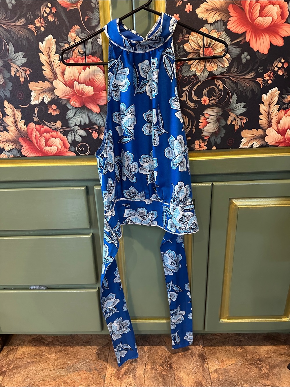 Anthropologie Royal Blue Floral Halter Jumpsuit